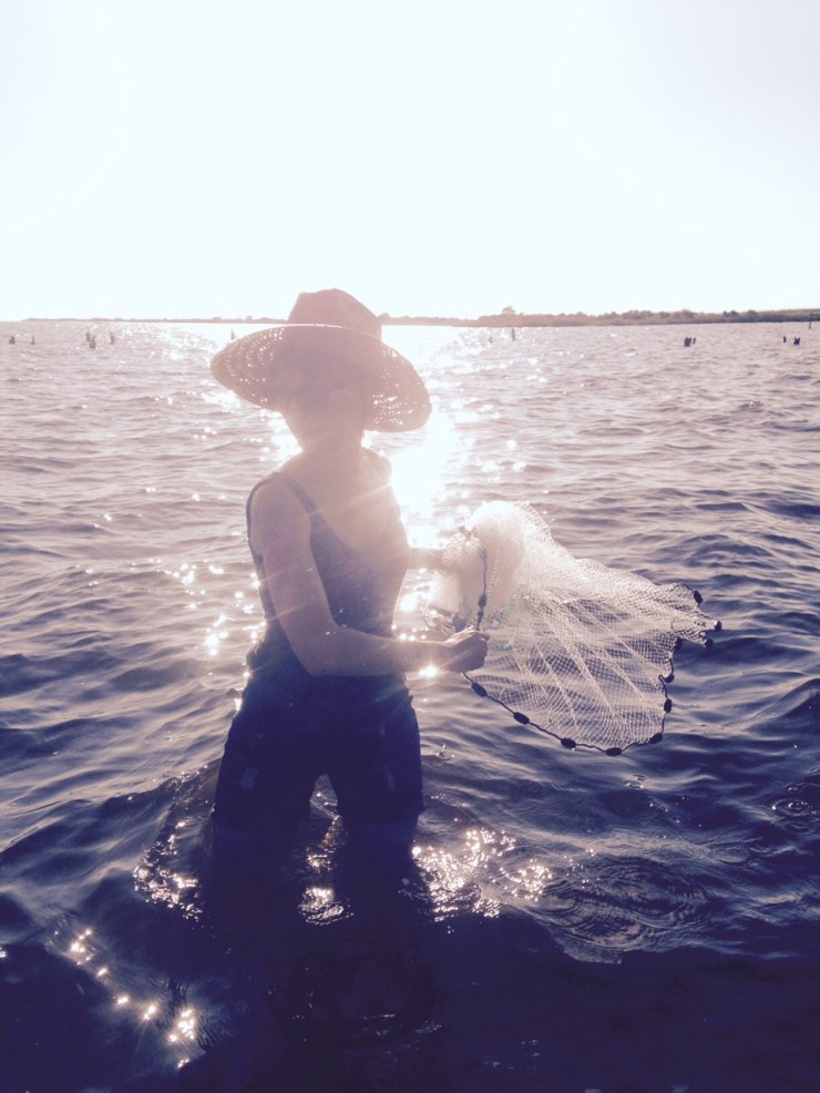 August. Hottest part of the day in the hottest part of the year. In the shallow waters of Lake Pontchartrain learning how to throw the perfect circle. Preceded by a journey to Yscloskey and Delacroix where families waited with baited lines for hungry crabs and sunburnt men fished for sharks and swaped stories about uncountable grandchildren and fishing trips. Mud in toes, legs in water, face behind straw hat. Summer in the field.